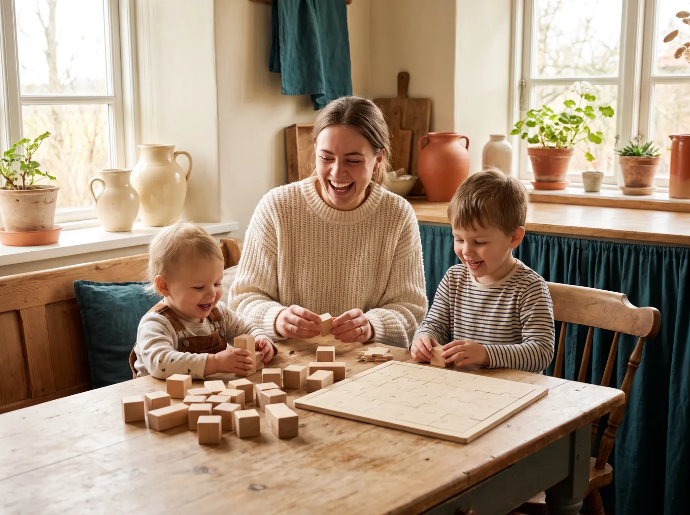 A babysitter laughing with two children while playing with wooden blocks and a puzzle at a kitchen table