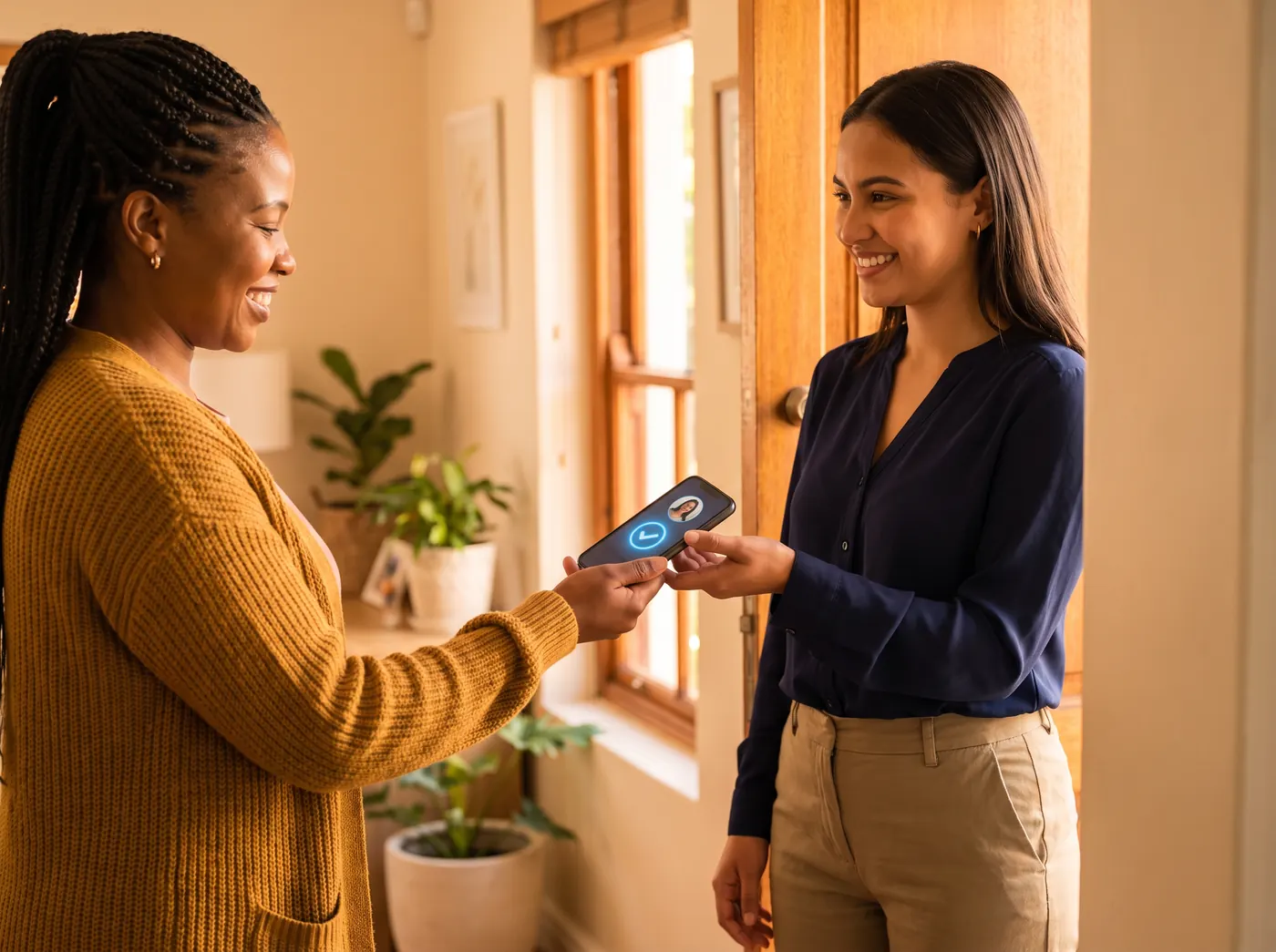 A mother and a verified babysitter greeting each other warmly at the front door, viewing a verification checkmark on a phone